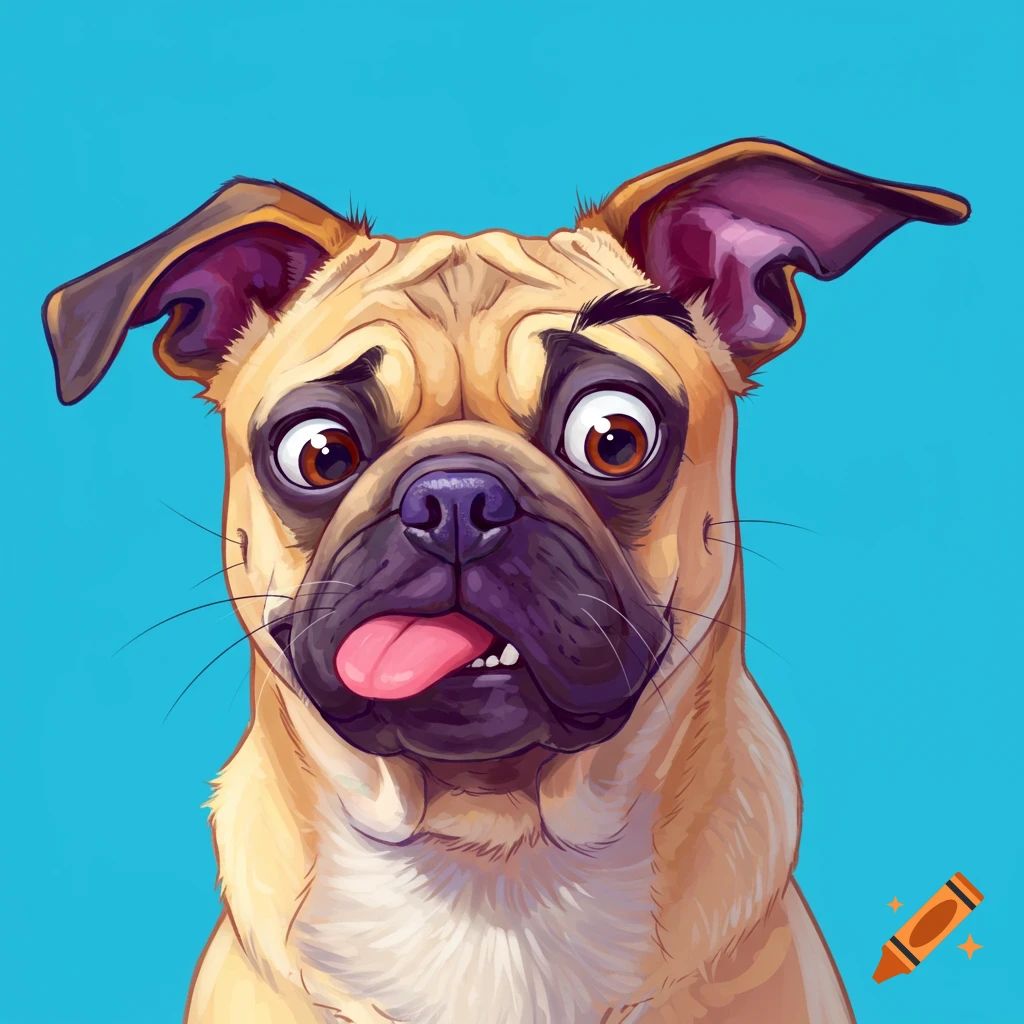 A funny pug dog with wide eyes and tongue out.