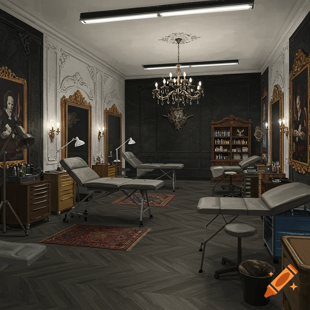 Modern tattoo shop interior with black accent wall and antique ...