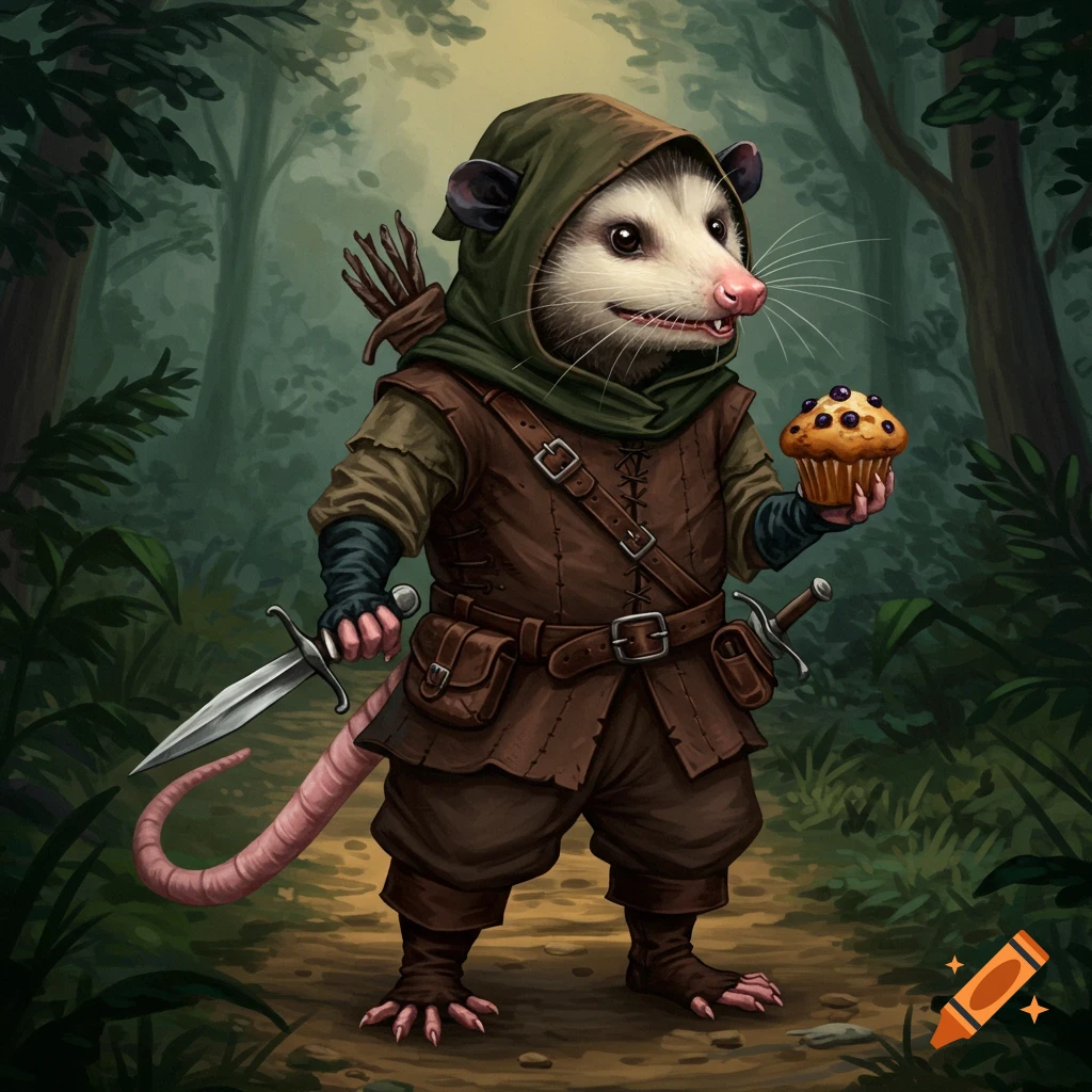 an opossum dressed as a medieval rogue holding a muffin in a forest.
