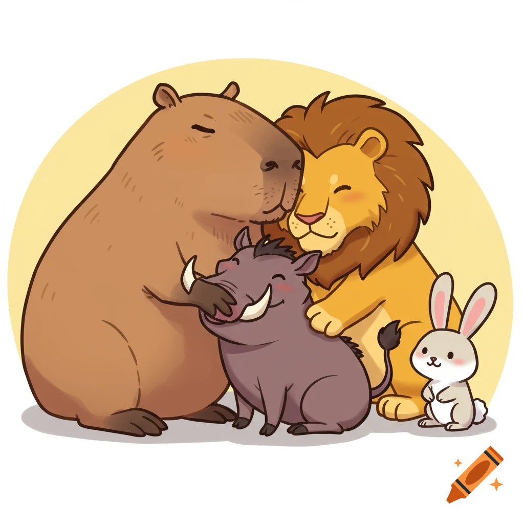Cartoon of a capybara, warthog, lion, and bunny hugging.