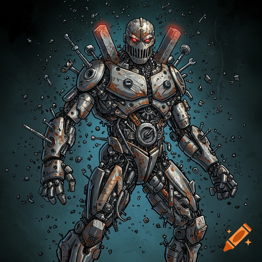 A rusty, intricate robot supervillain made from various metal objects, with red glowing eyes.