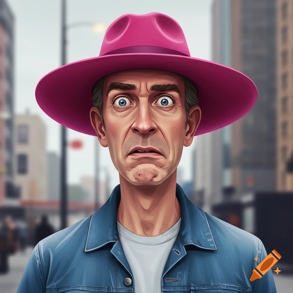 A caricature portrait of a confused man in a pink hat and denim jacket against a blurry city background.