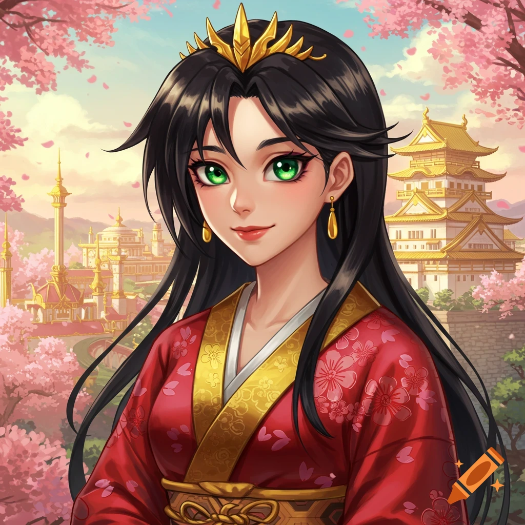 Anime portrait of a woman with a gold crown in a red kimono, set against a backdrop of cherry blossoms and a golden palace.