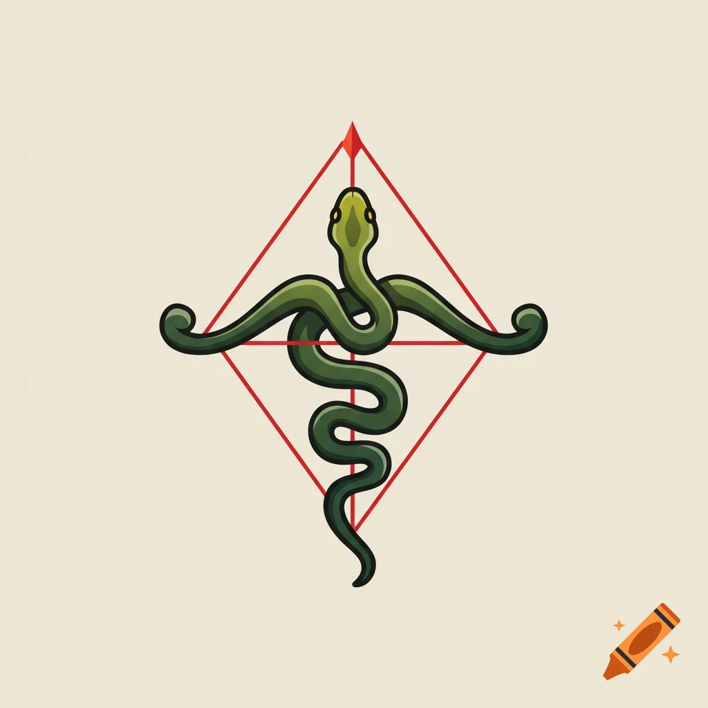 Stylized green snake wrapped around a red diamond shape