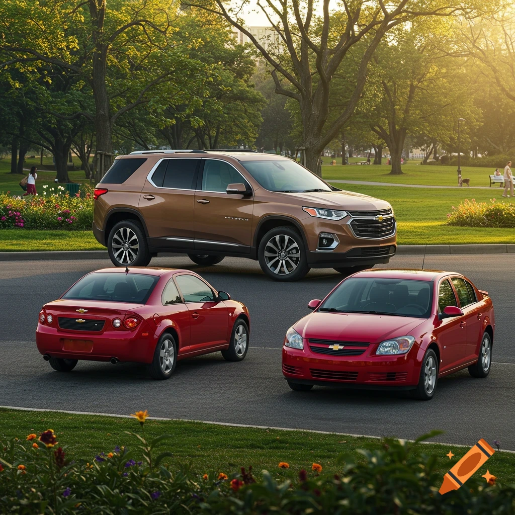 Three cars, a brown SUV and two red sedans, parked in a sunny park.