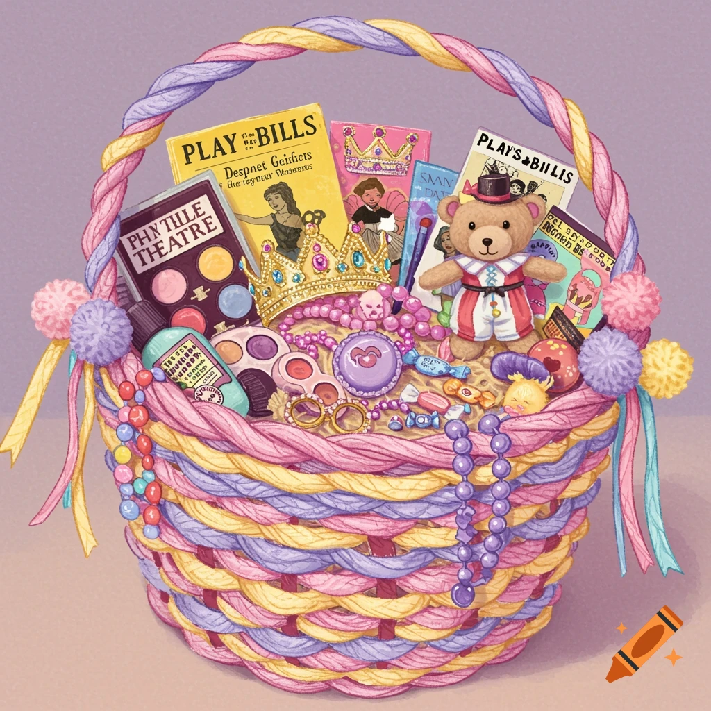 A whimsical Easter basket filled with theatre-themed items like playbills, a crown, jewelry, a makeup palette, and a teddy bear. The basket is woven with pastel yarn and decorated with ribbons and pom-poms.