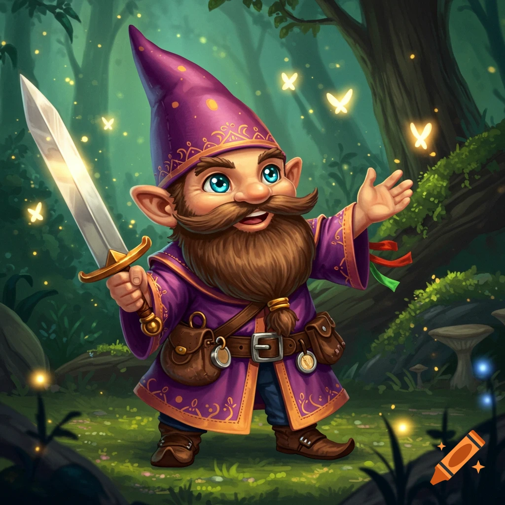 Cute gnome sorcerer with a sword in a forest.