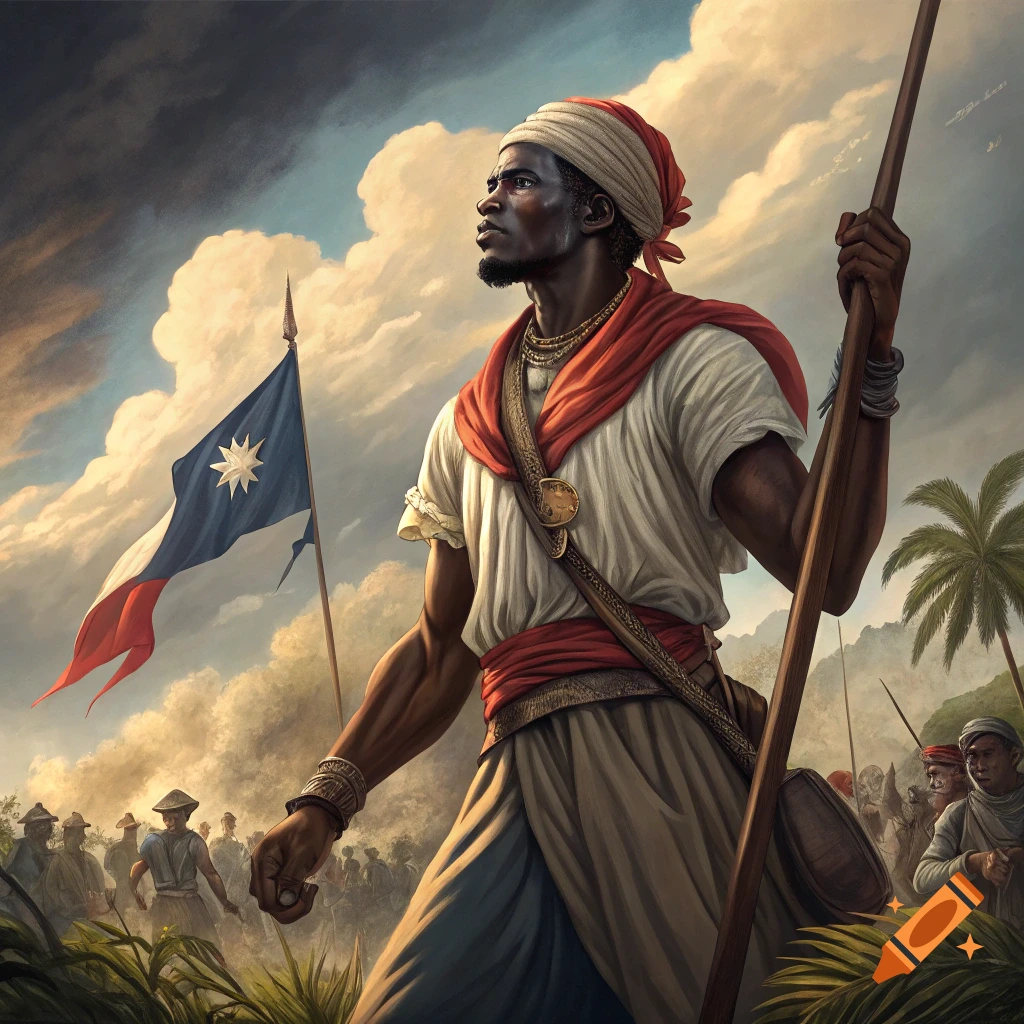 A man in historical clothing stands with a spear and flag in front of a crowd under a cloudy sky. Painterly style.