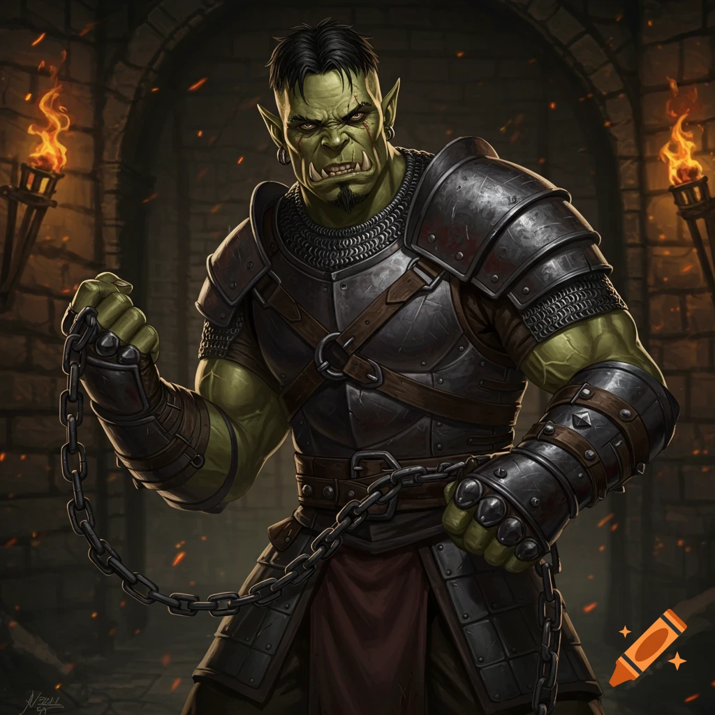 A green-skinned orc male in metal armor holding a chain, standing in a dungeon.