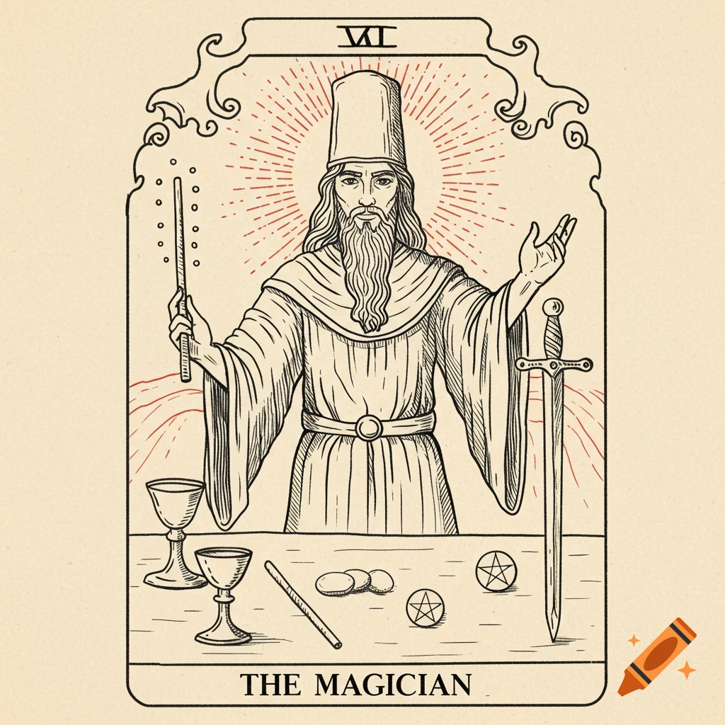 Line art illustration of the Magician tarot card, showing the figure with symbols.