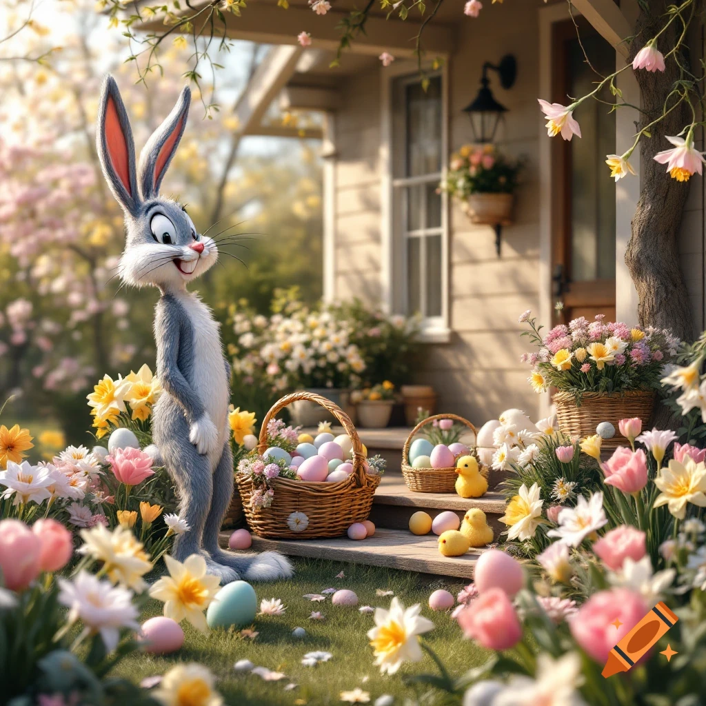 A gray cartoon rabbit stands among Easter eggs, flowers, and chicks on a porch surrounded by a blooming garden.
