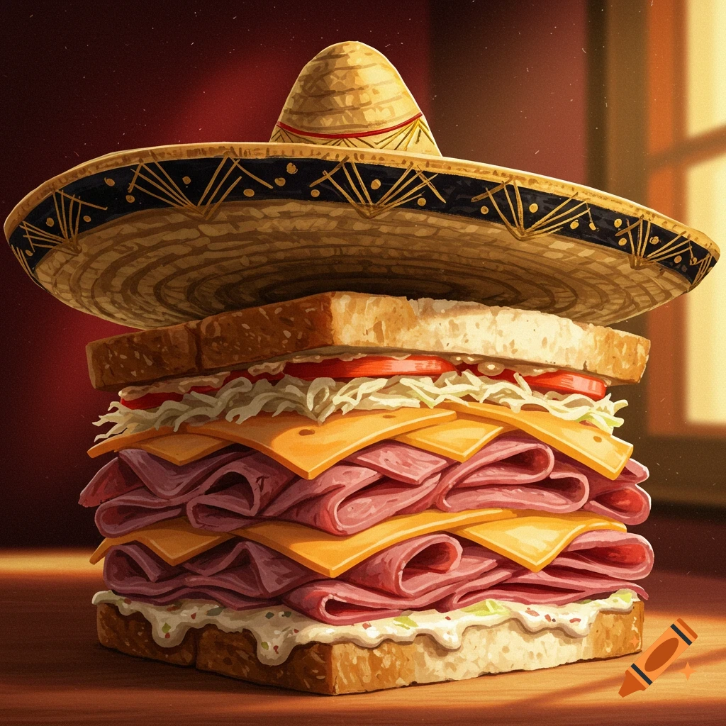 A large stacked sandwich wearing a sombrero hat.