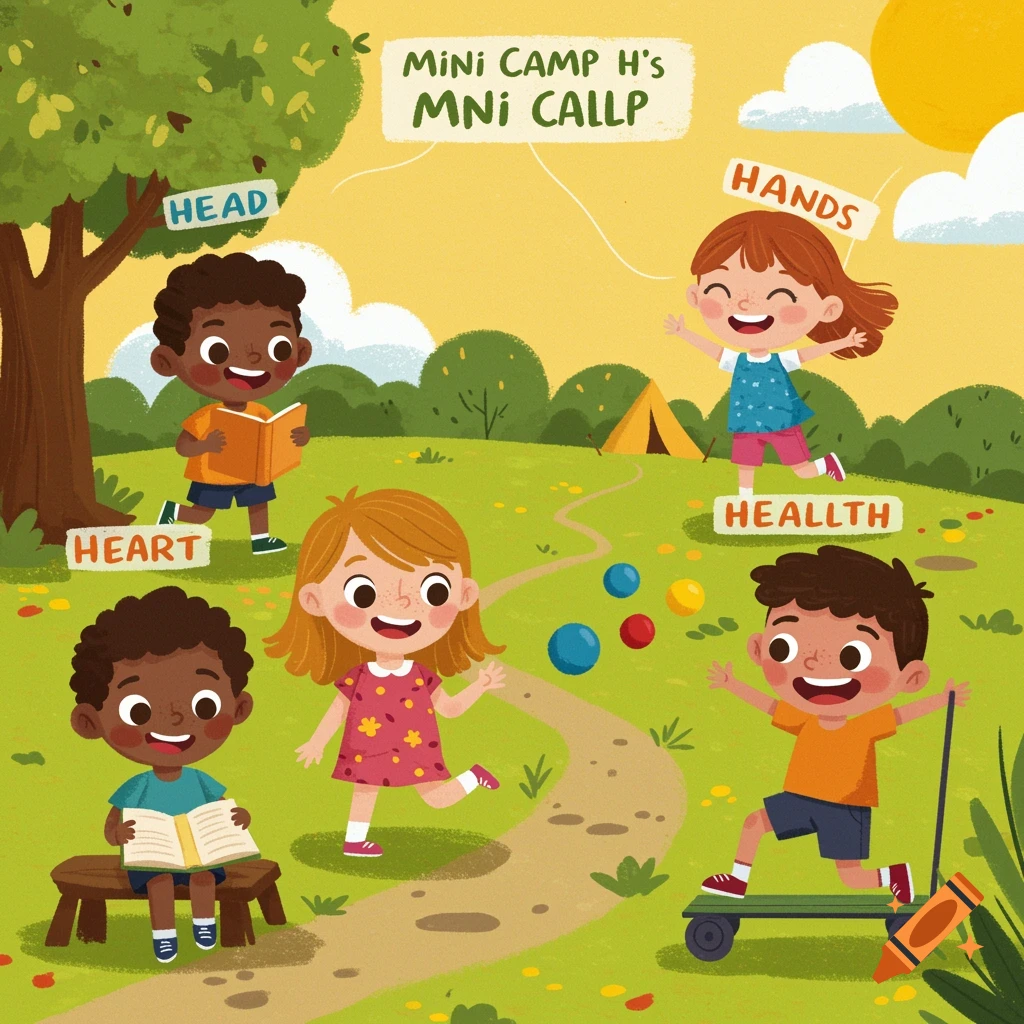 Four H mini camp logo: head, heart, hands, health on Craiyon