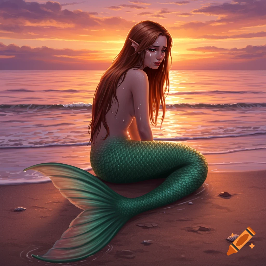 A crying mermaid sits on the shore at sunset.