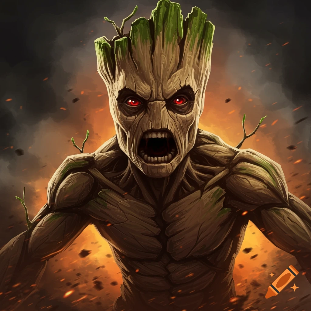 An angry tree character with glowing red eyes and an open mouth, against a fiery background.