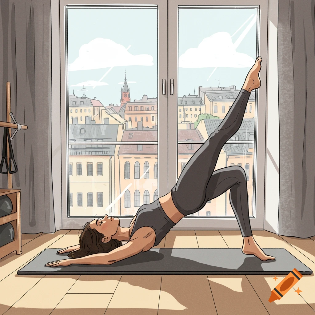 Illustration of a woman doing pilates on a mat in a room overlooking a city.