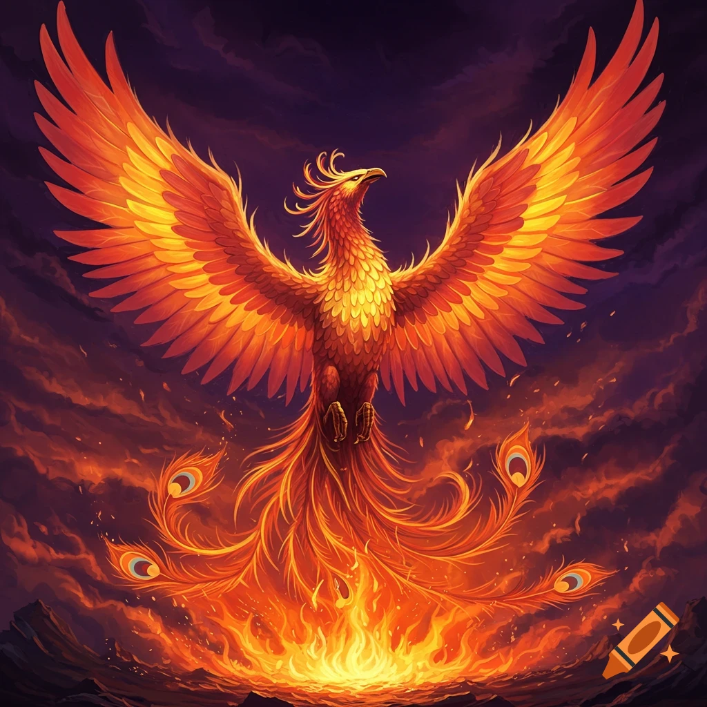 A golden and orange phoenix with spread wings rising from a bed of flames.