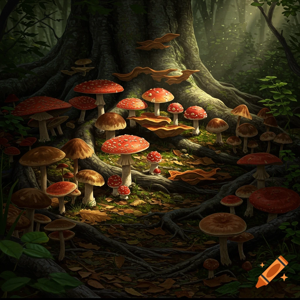 A patch of red and brown mushrooms growing around the roots of a large tree in a forest.