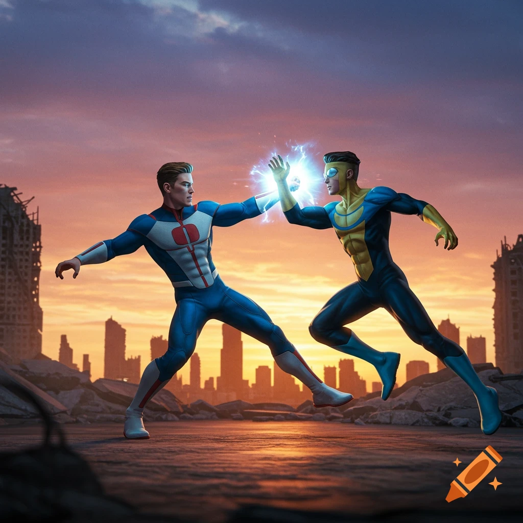 Two superheroes fight amidst ruined buildings, one generating energy between their hands.