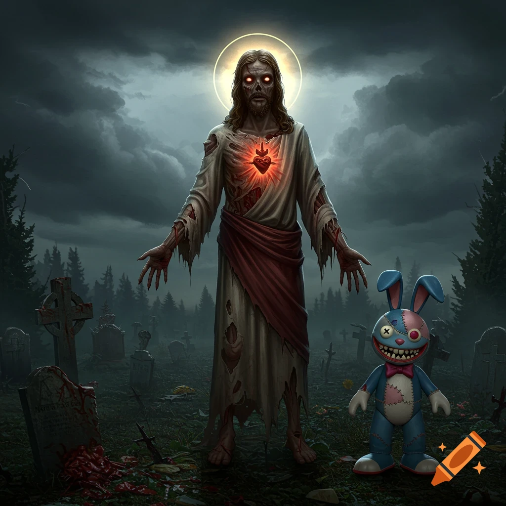 Image of a zombie Jesus in a graveyard with a creepy bunny.