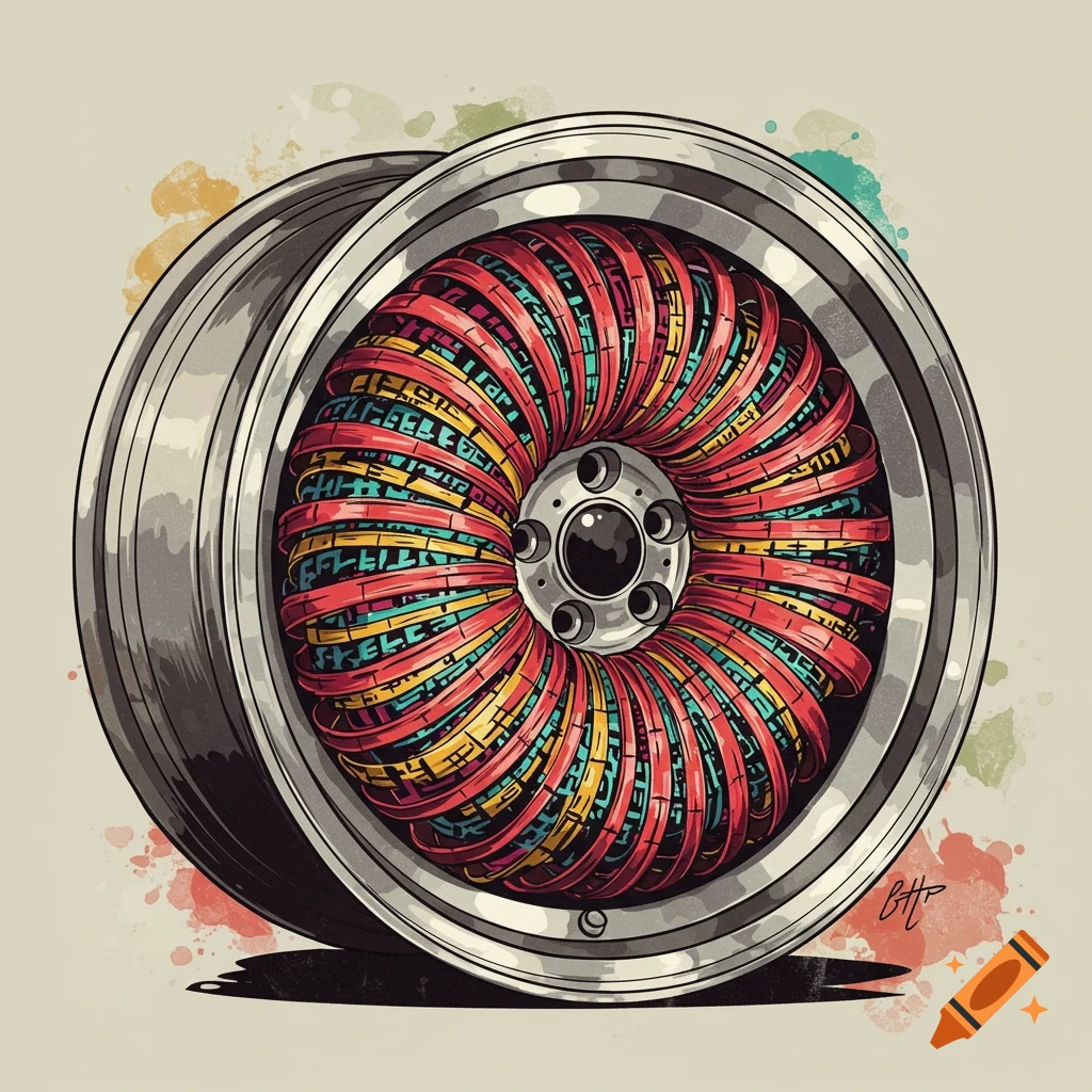 An abstract image of a car rim filled with colorful, patterned coils against a light background with paint splashes.