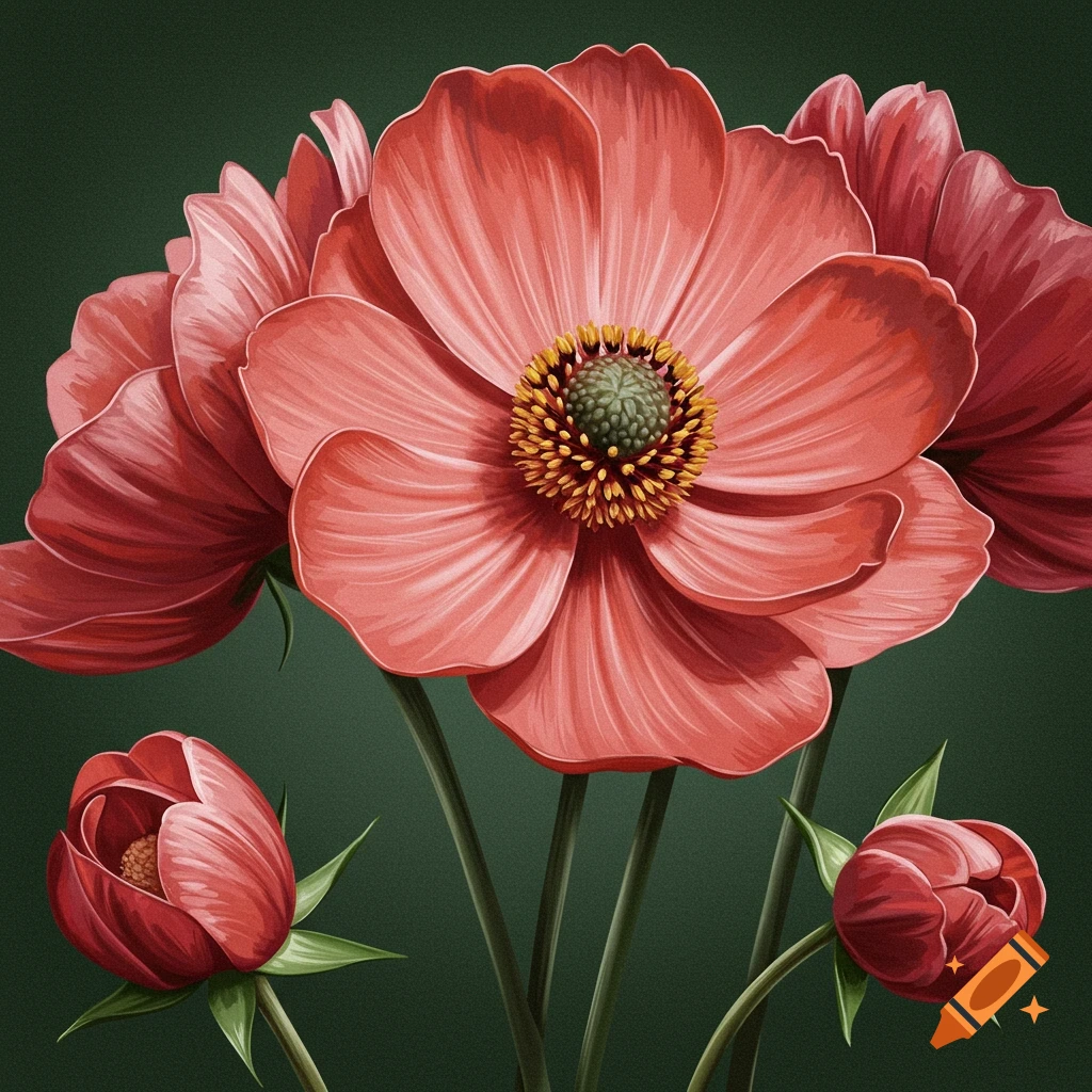 Several red flowers and buds against a dark background.