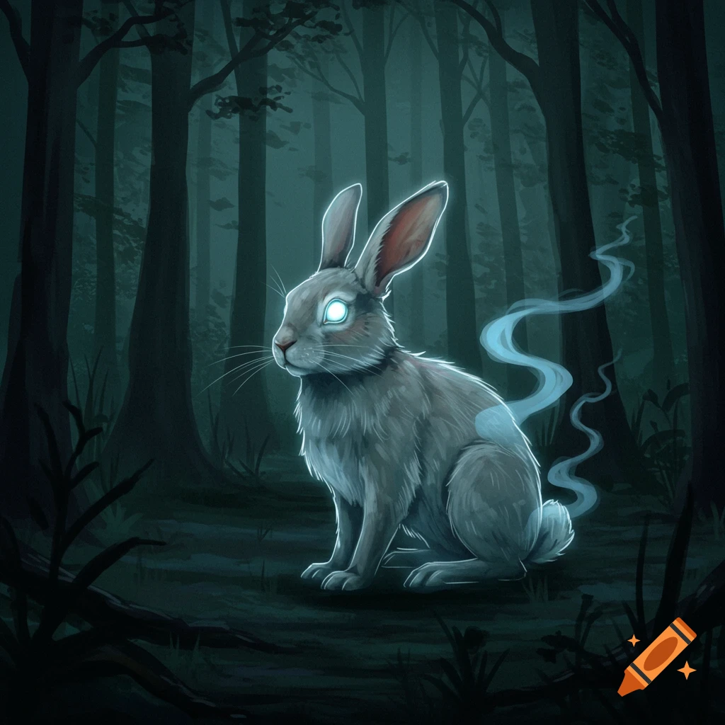 A glowing ghost rabbit sits in a dark forest.