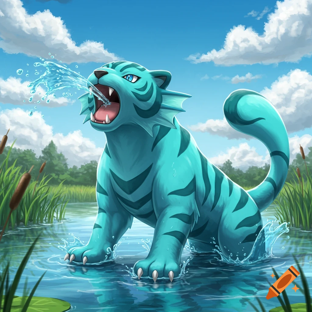 Blue striped tiger pokemon in a pond splashing water
