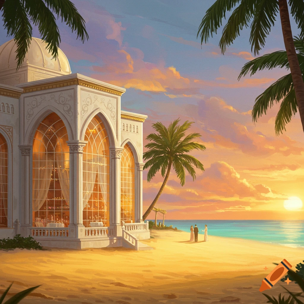 A white banquet hall with arched windows is situated on a sandy beach at sunset, surrounded by palm trees.