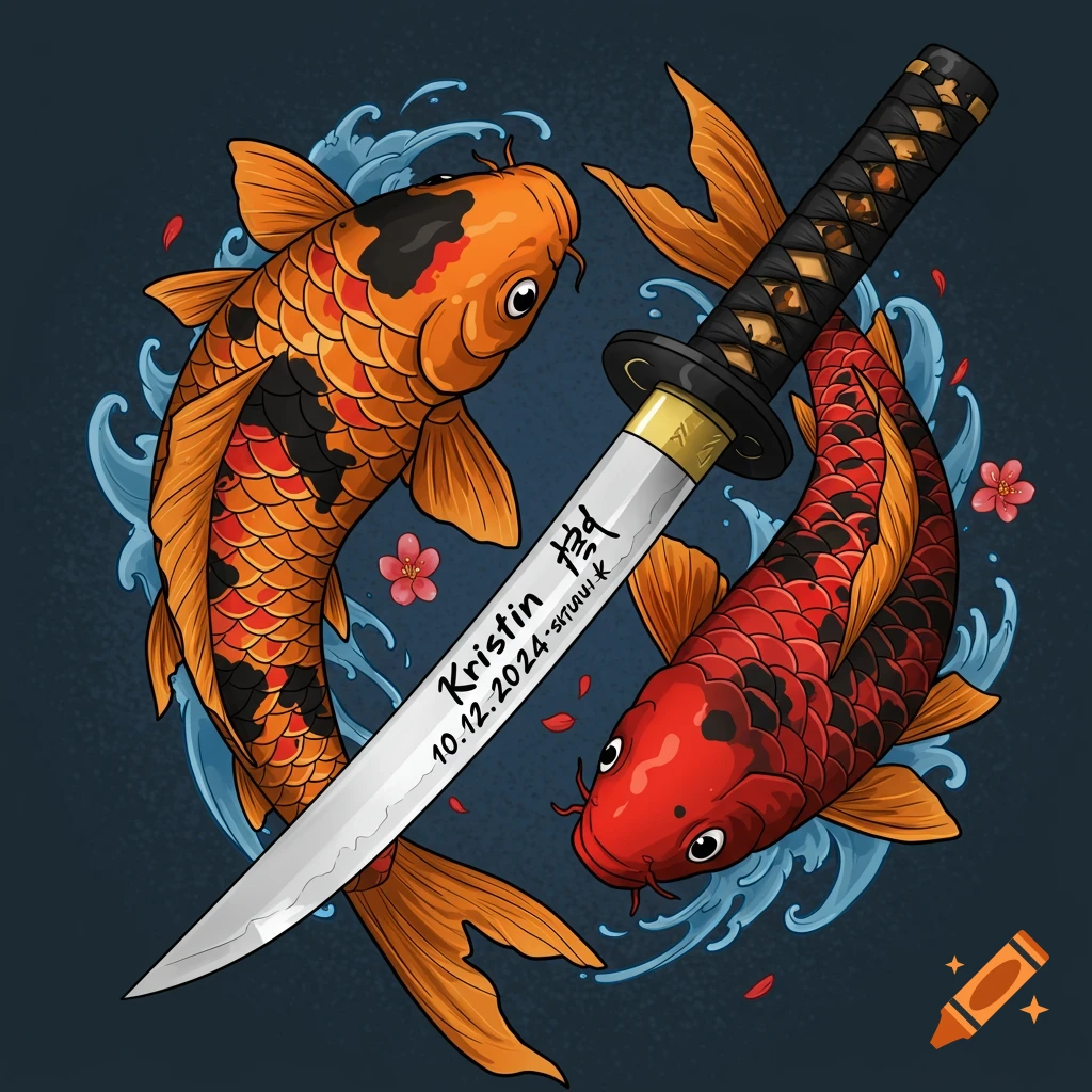 Orange and red koi fish circling a katana blade with water and flowers.