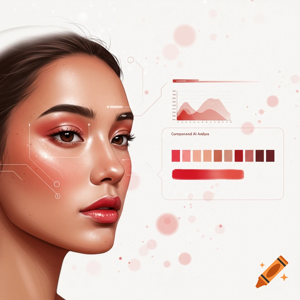 A woman's face is analyzed by AI for beauty matching, with graphic overlays.