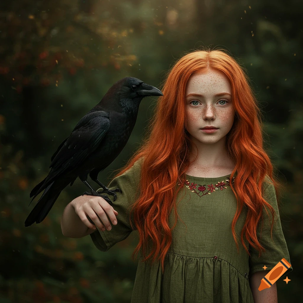 A young girl with red hair and freckles stands in a forest with a crow on her arm.