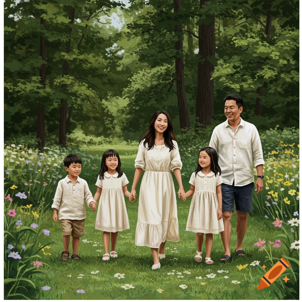 An Asian family walks through a forest garden, holding hands.