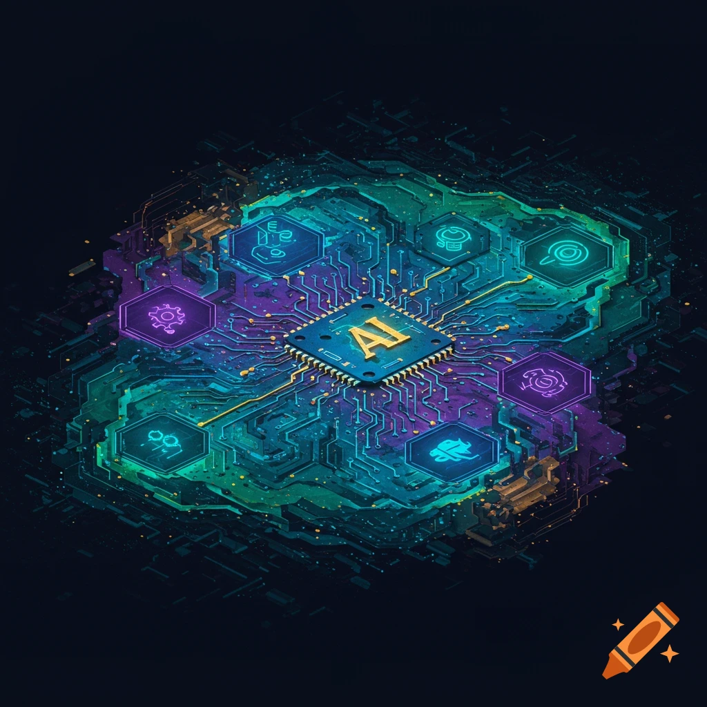 A glowing circuit board with an AI chip and hexagonal icons.