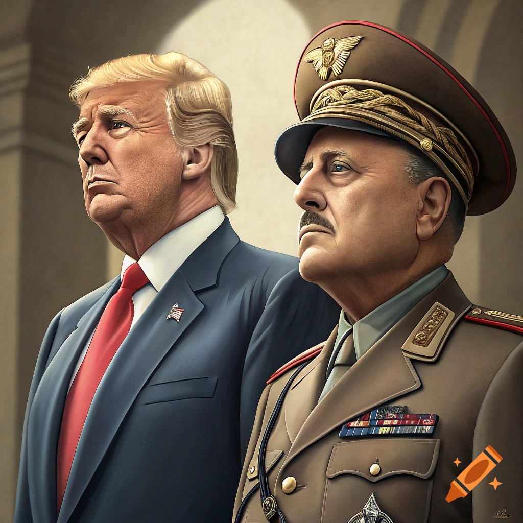 Donald Trump stands next to a man in military uniform resembling Benito Mussolini, looking towards the left.