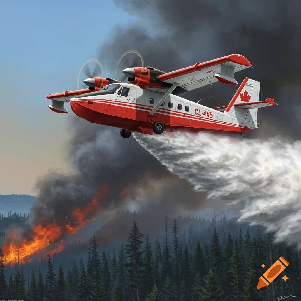 A red and white water bomber plane drops water on a wildfire.