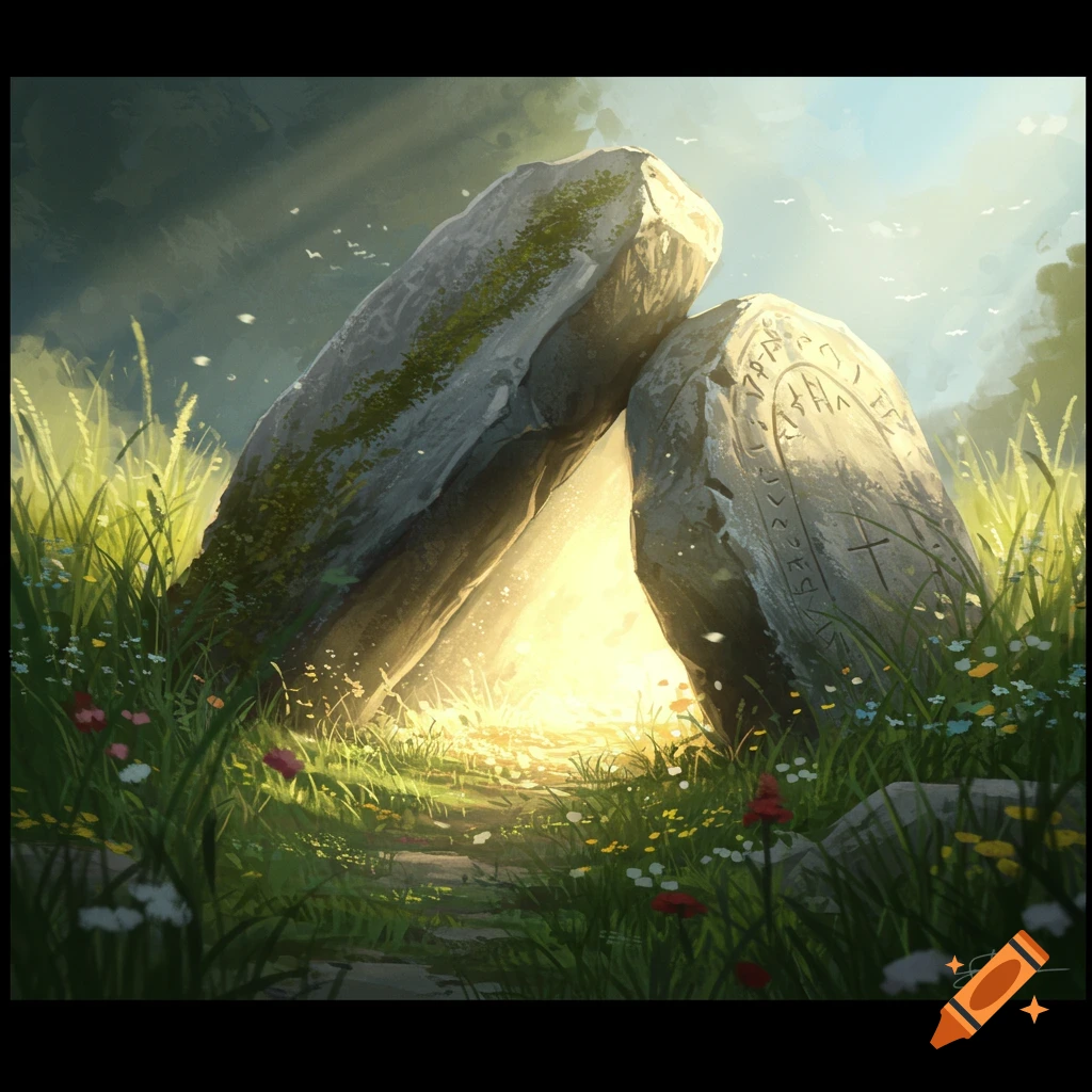 A sunny, grassy field with large standing stones.