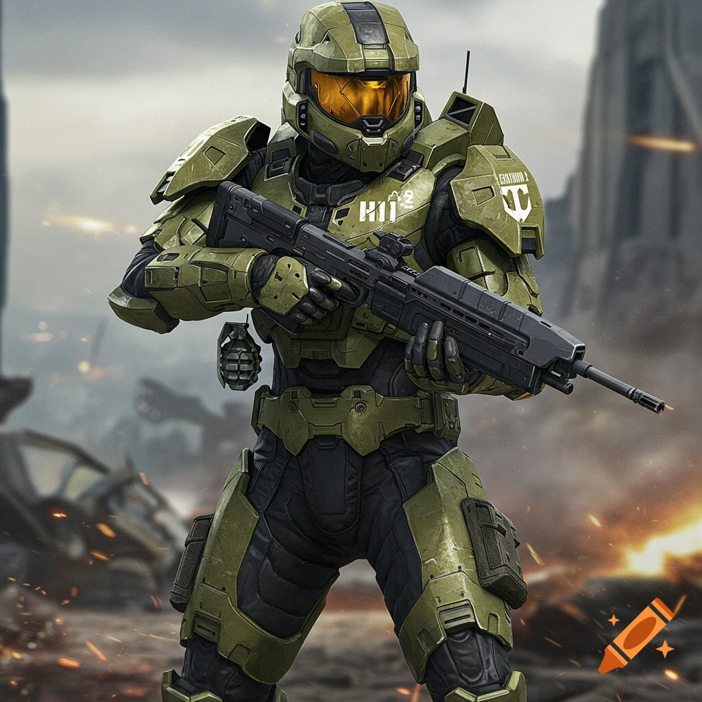 Master Chief-like soldier in green armor holding a rifle in a ruined city