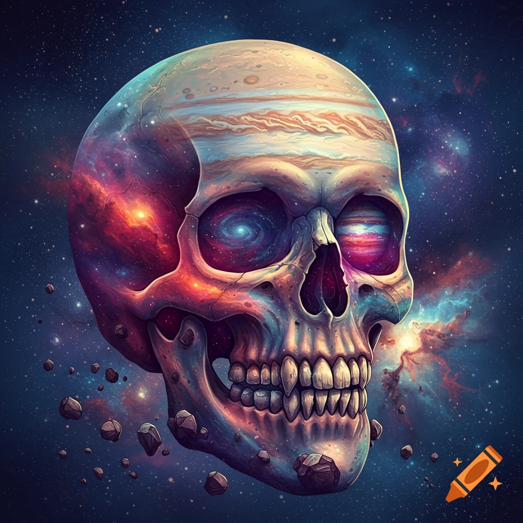A skull with Jupiter's swirling clouds and cosmic nebulae in its eyes, floating in space with asteroids.