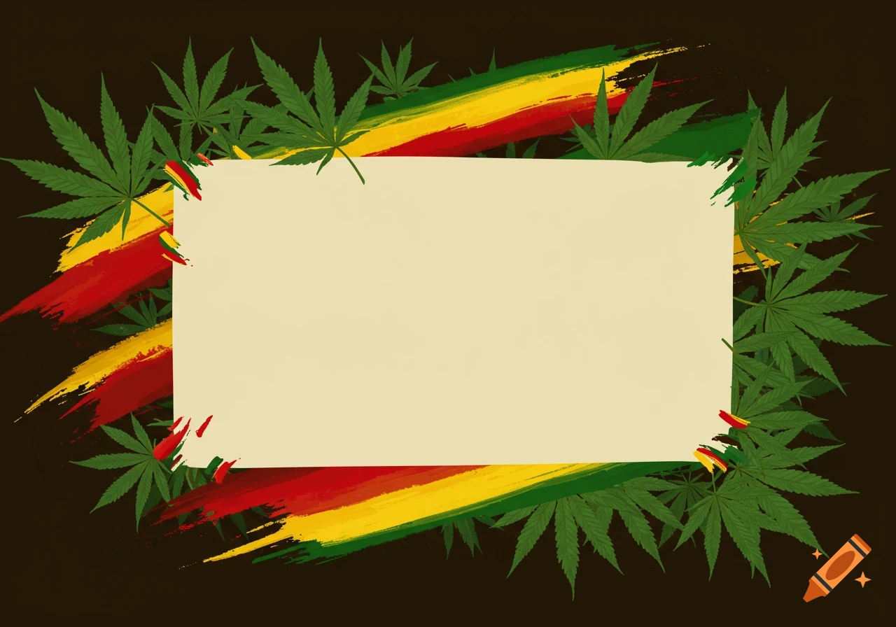 Blank frame decorated with cannabis leaves and red, yellow, green brush strokes.