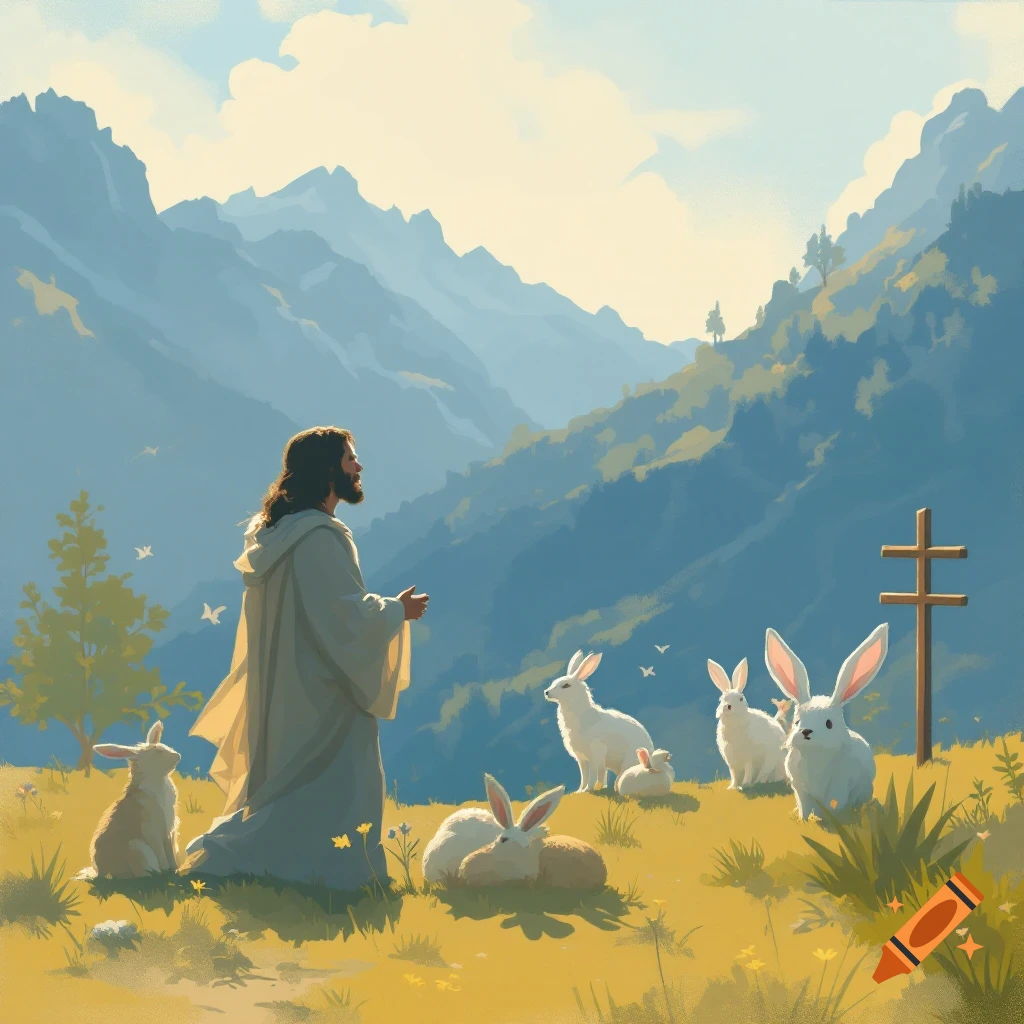 Jesus kneels with rabbits near a cross in a mountain landscape.