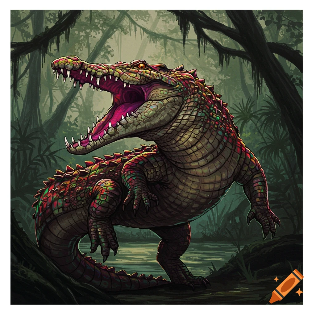 A standing crocodile with open mouth in a jungle swamp.