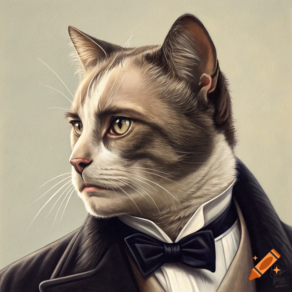 A portrait of a cat wearing a black suit and bow tie looking to the left.