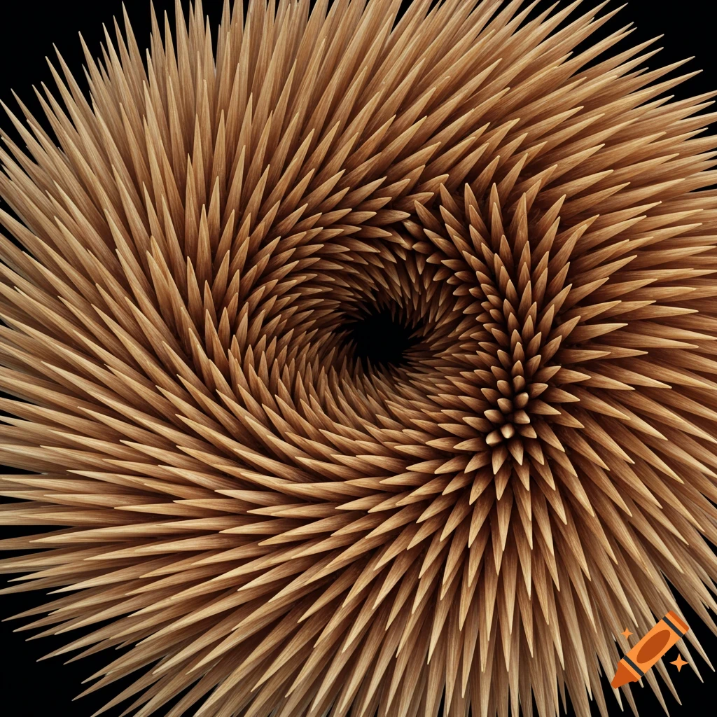 A spiral vortex pattern made from many toothpicks.