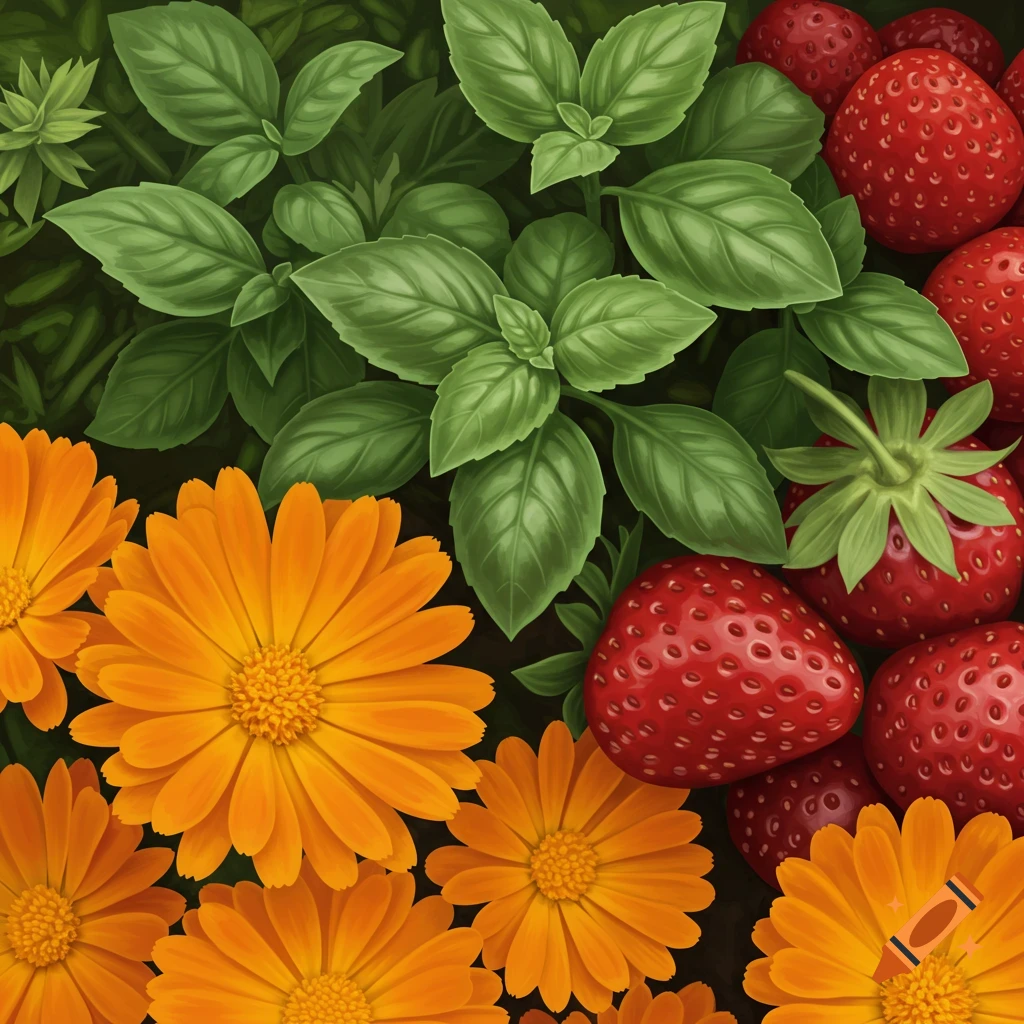 A close-up, top-down view of orange marigolds, green basil leaves, and red strawberries.