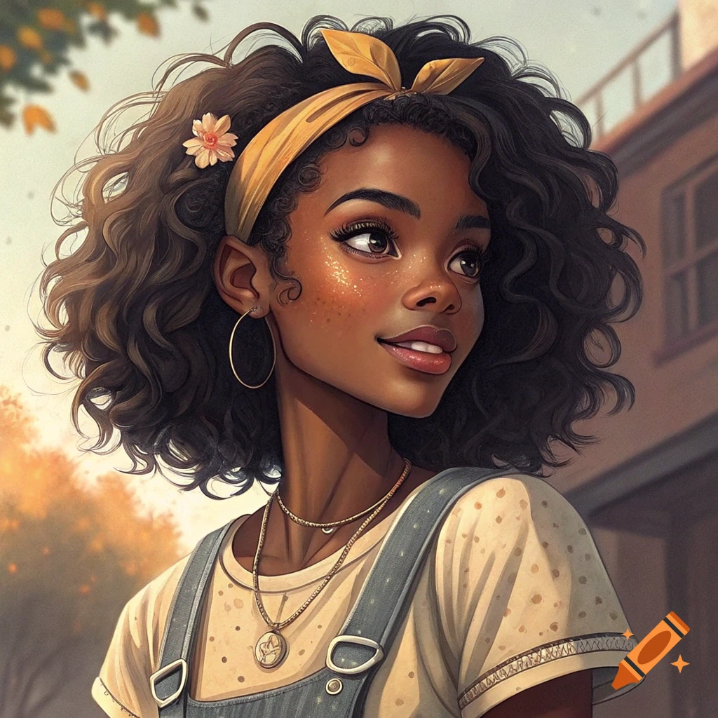 Stylized illustration of a young Black woman with curly hair, yellow headband, and overalls