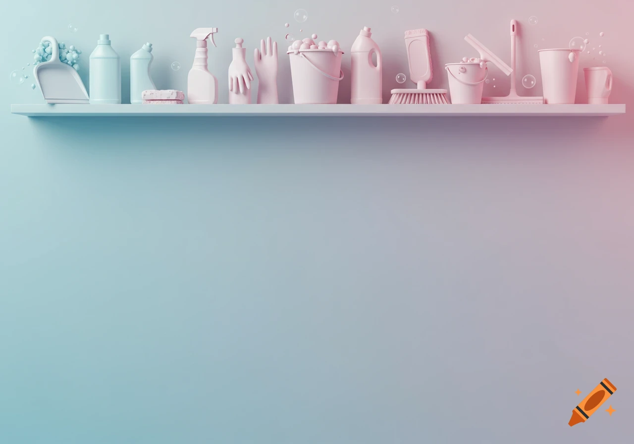 Pastel cleaning supplies on a shelf against a blue and pink gradient wall.