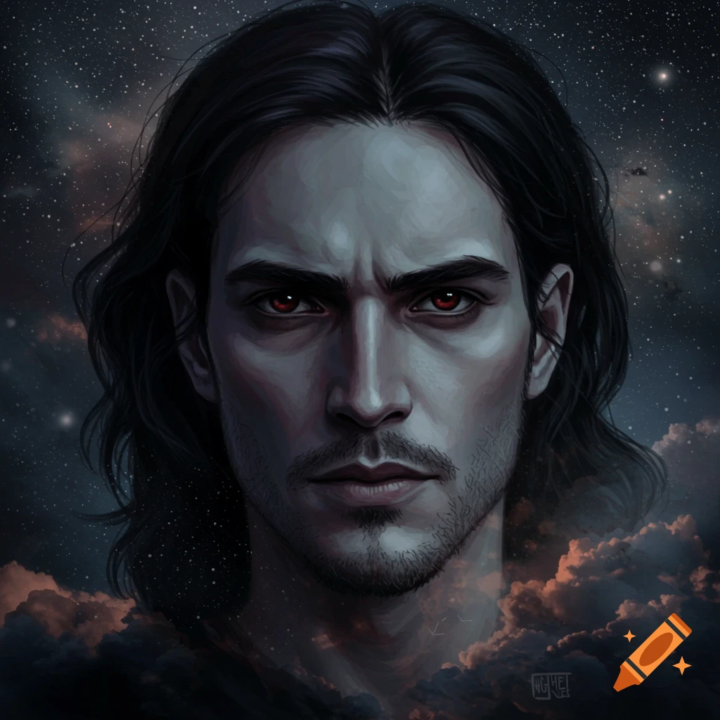 Portrait of a man with red eyes against a starry sky and clouds.