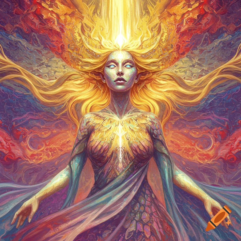 A goddess-like figure with flowing golden hair and glowing eyes stands against a colorful abstract background.