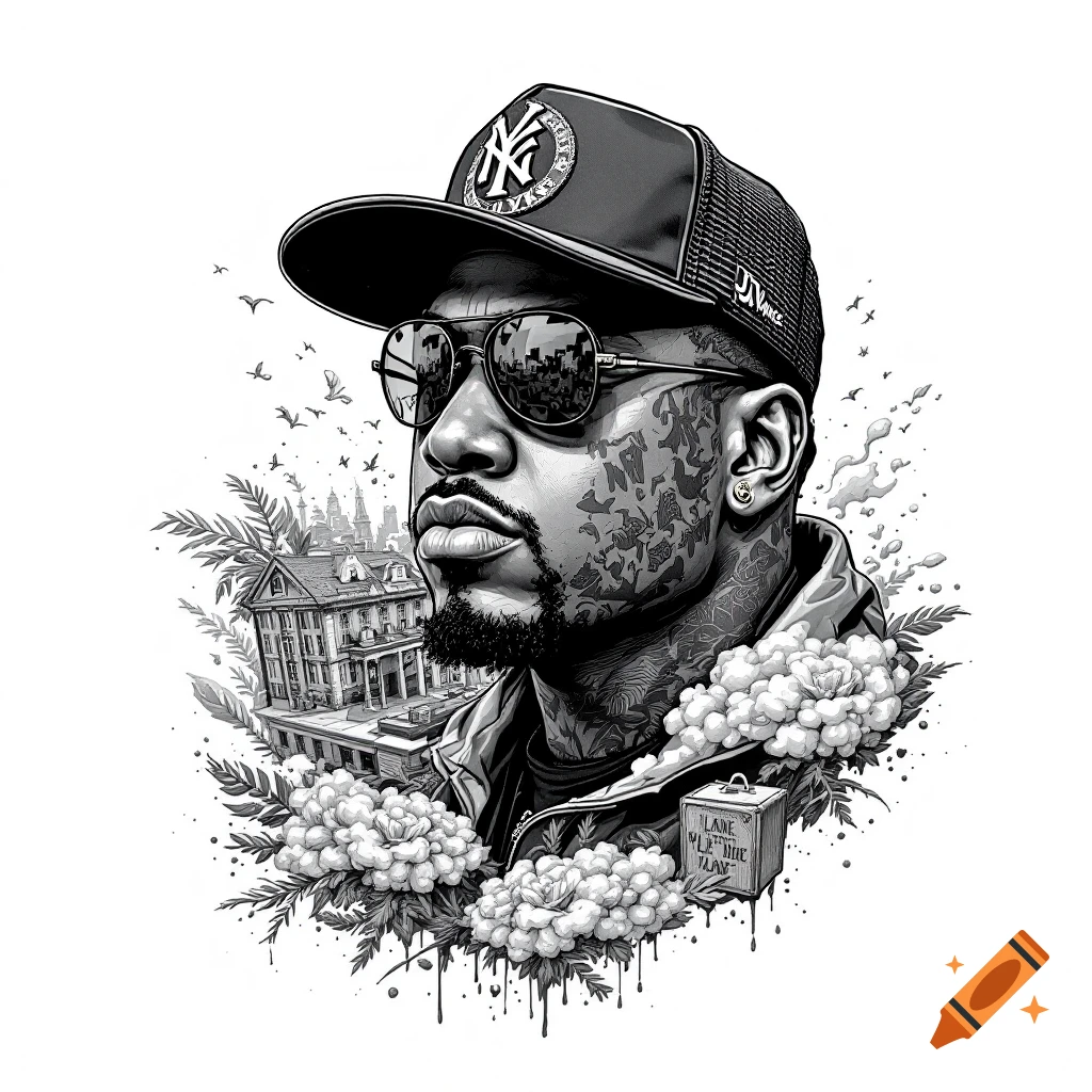 Black and white illustration of a man in a cap and sunglasses with tattoos, styled as a rap album cover.